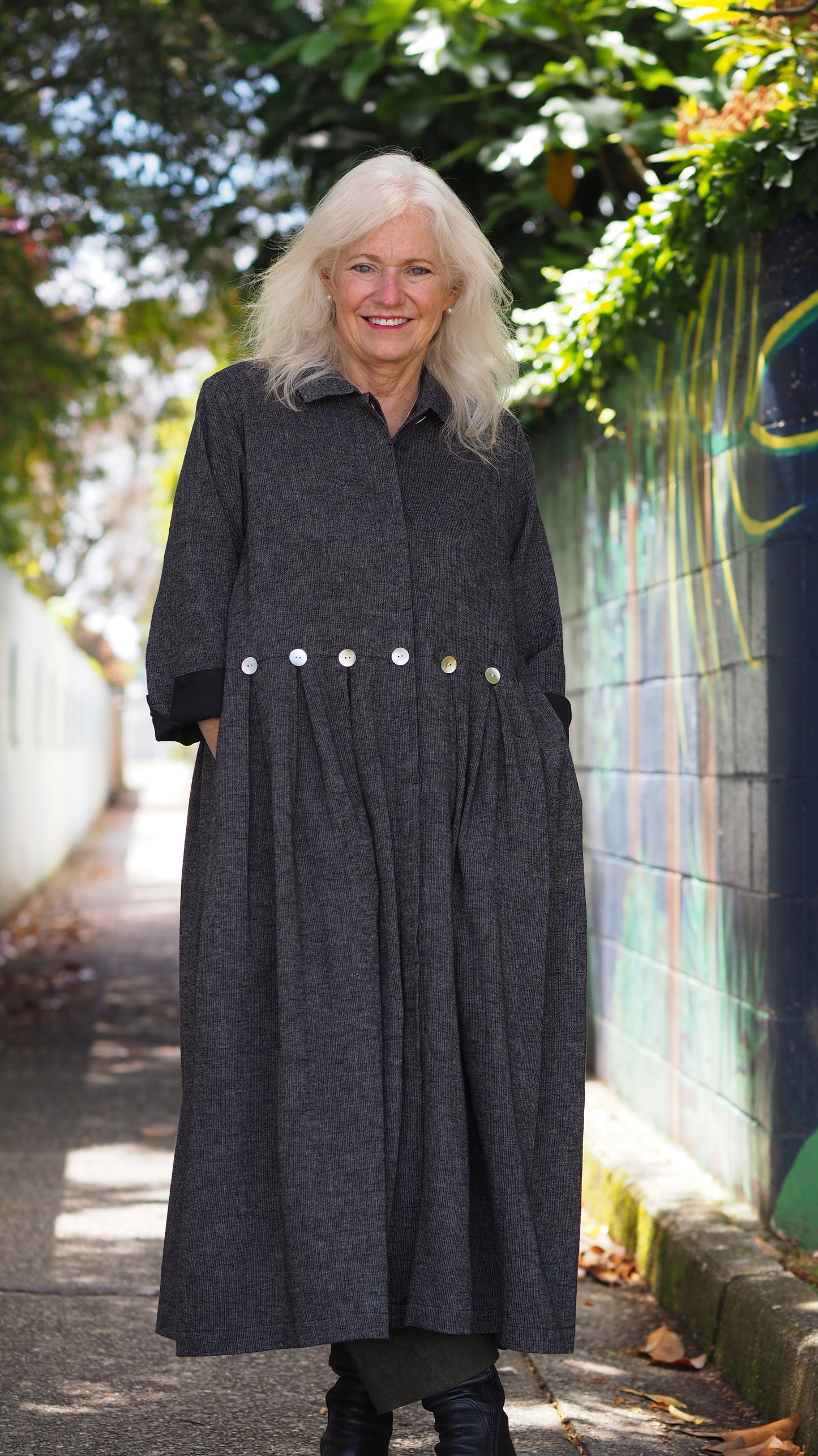 Taranaki Coat/Dress from Rogue Linen Sustainable Fashion - Black & Beige Fine Stripe