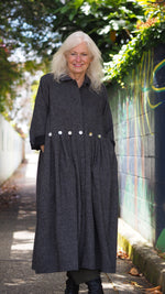 Taranaki Coat/Dress from Rogue Linen Sustainable Fashion - Black & Beige Fine Stripe