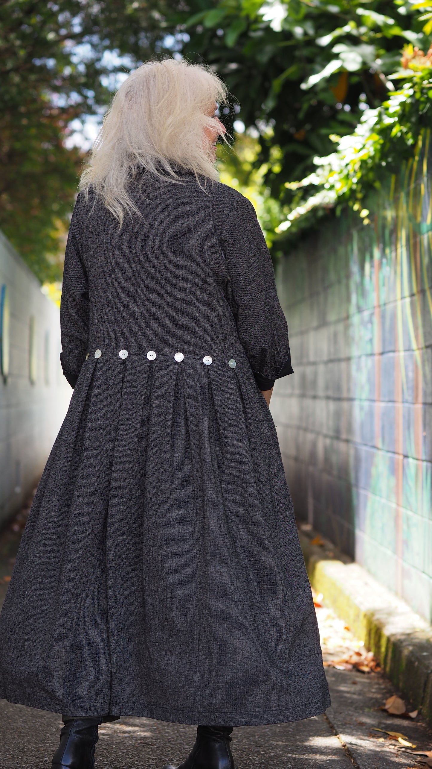 Taranaki Coat/Dress from Rogue Linen Sustainable Fashion - Black & Beige Fine Stripe