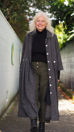 Taranaki Coat/Dress from Rogue Linen Sustainable Fashion - Black & Beige Fine Stripe