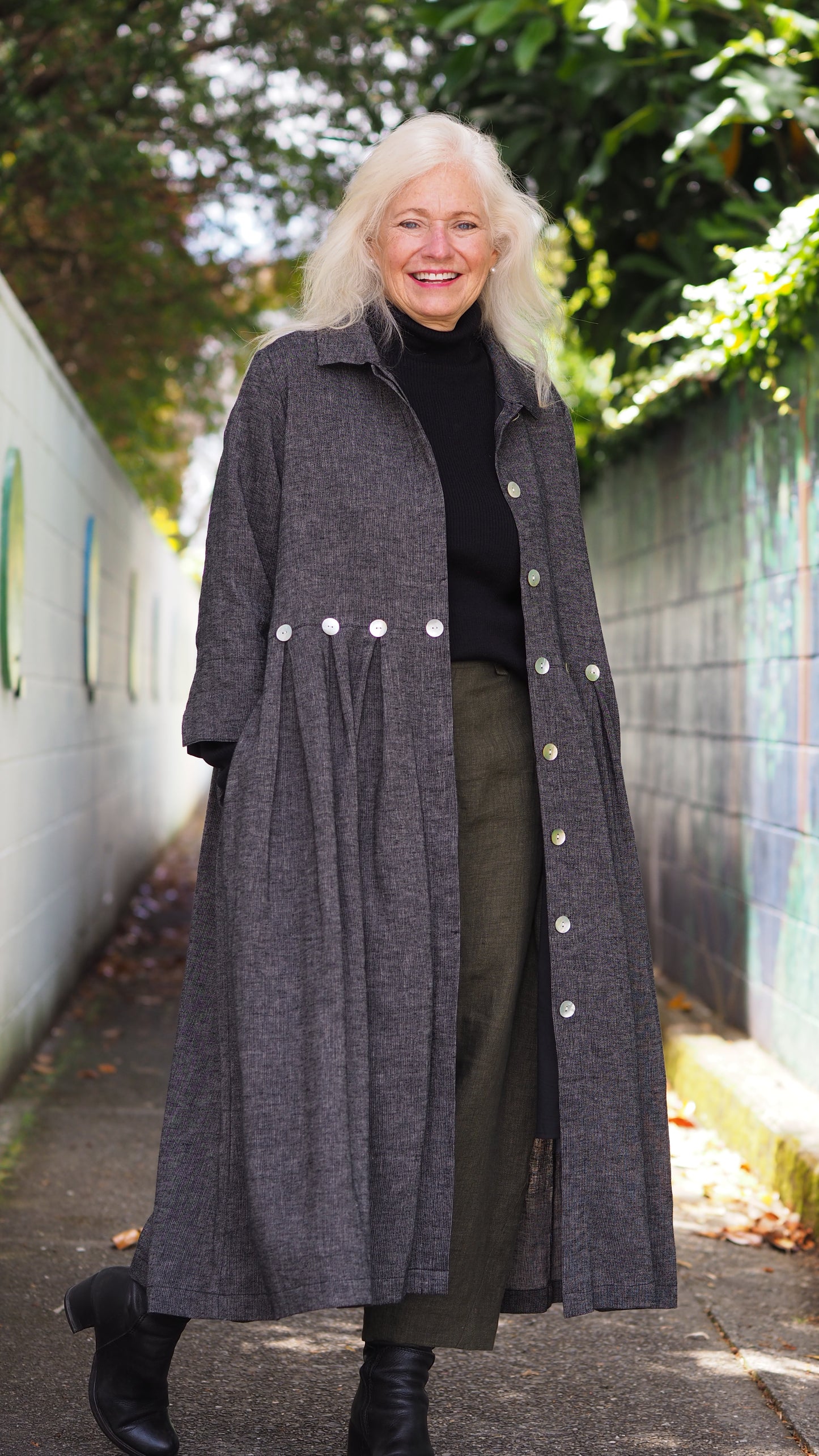 Taranaki Coat/Dress from Rogue Linen Sustainable Fashion - Black & Beige Fine Stripe