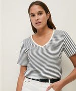 Yerse Barcelona organic cotton striped V-neck Tee - Ecru & Navy Stripe