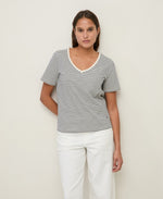Yerse Barcelona organic cotton striped V-neck Tee - Ecru & Navy Stripe