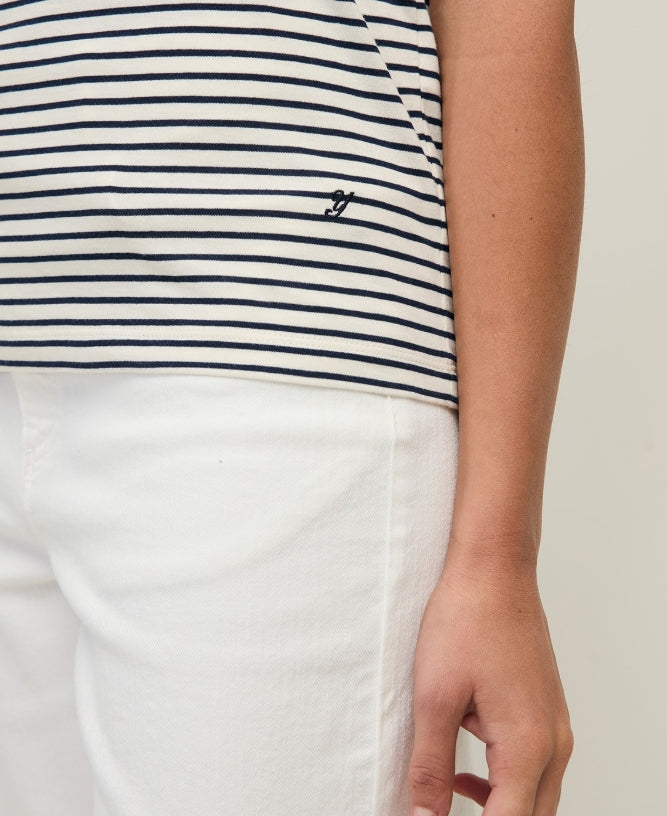 Yerse Barcelona organic cotton striped V-neck Tee - Ecru & Navy Stripe