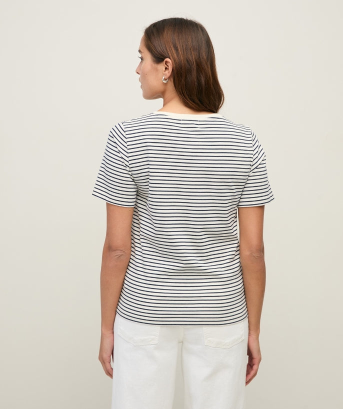 Yerse Barcelona organic cotton striped V-neck Tee - Ecru & Navy Stripe