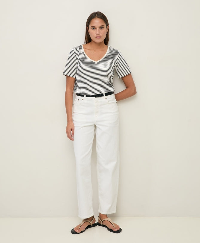 Yerse Barcelona organic cotton striped V-neck Tee - Ecru & Navy Stripe