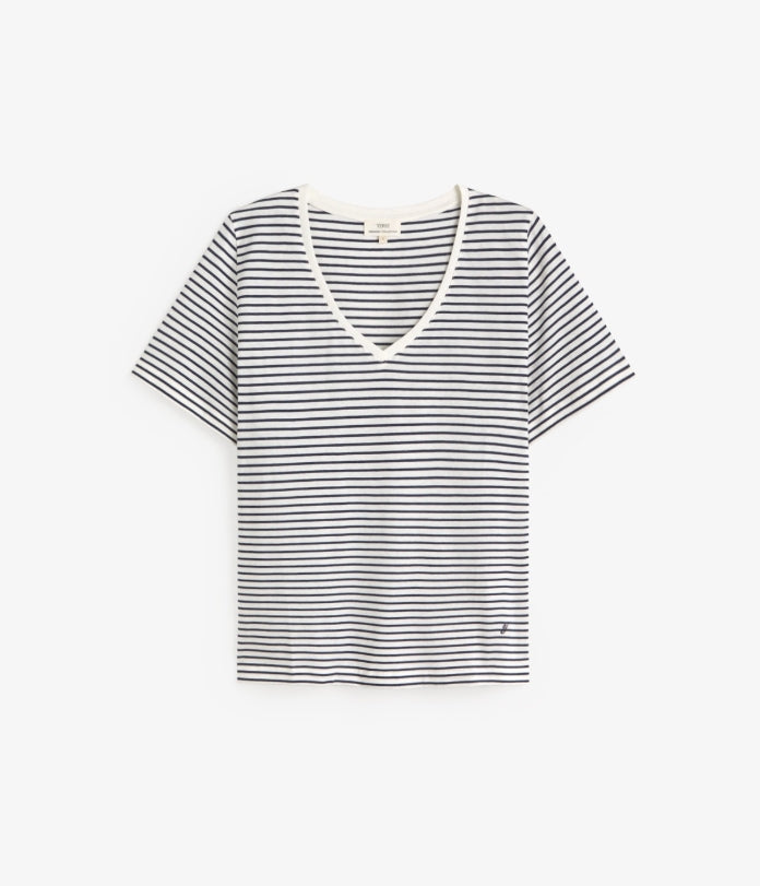 Yerse Barcelona organic cotton striped V-neck Tee - Ecru & Navy Stripe