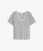 Yerse Barcelona organic cotton striped V-neck Tee - Ecru & Navy Stripe