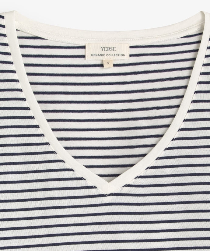 Yerse Barcelona organic cotton striped V-neck Tee - Ecru & Navy Stripe