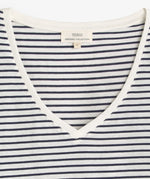 Yerse Barcelona organic cotton striped V-neck Tee - Ecru & Navy Stripe