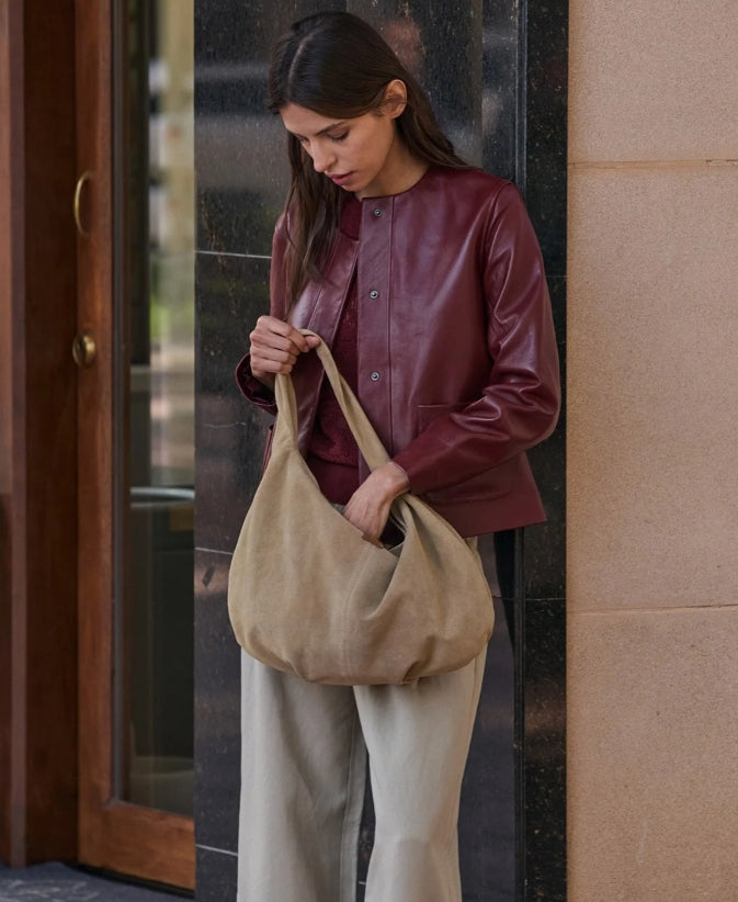 Yerse Barcelona Suede Hobo Bag in Camel