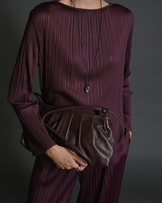 Yerse Aubergine bateau-neck pleated blouse