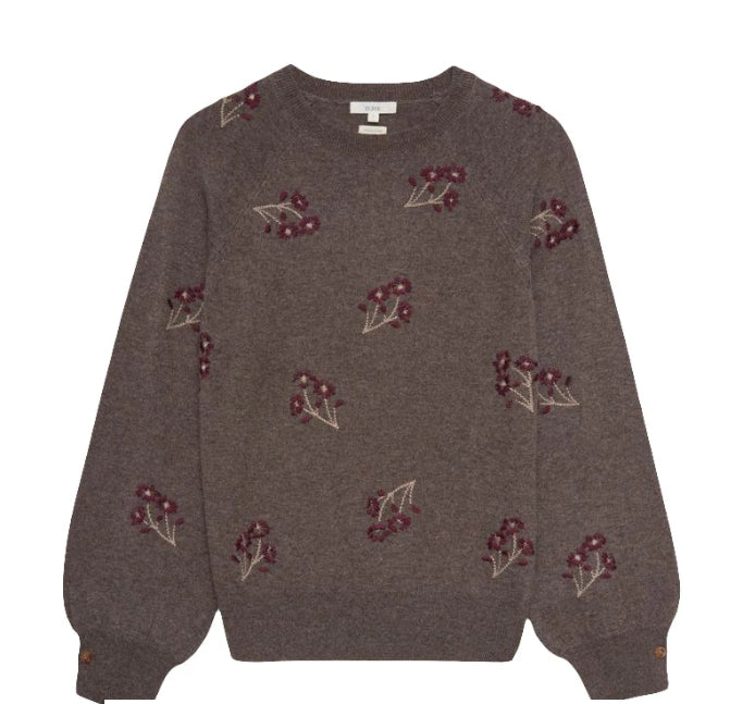Yerse Flower Embroidered Wool Blend Jumper - Stone/Maroon
