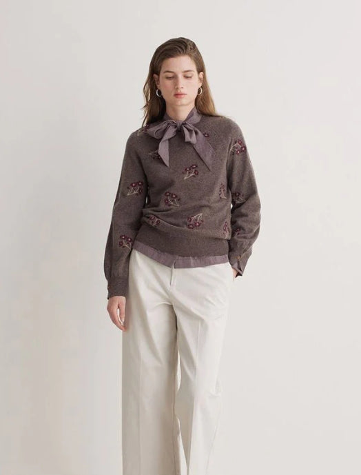 Yerse Flower Embroidered Wool Blend Jumper - Stone/Maroon