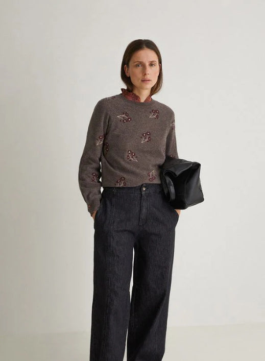 Yerse Flower Embroidered Wool Blend Jumper - Stone/Maroon