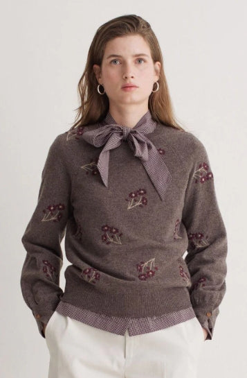 Yerse Flower Embroidered Wool Blend Jumper - Stone/Maroon