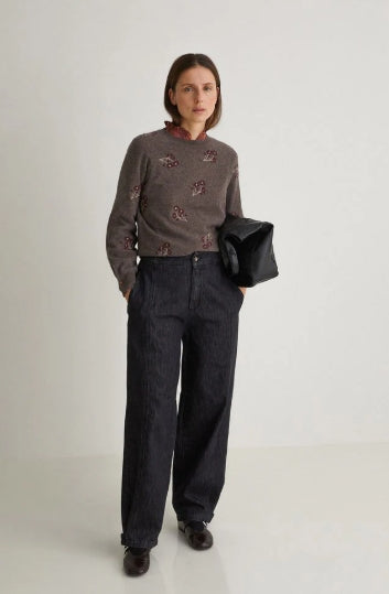 Yerse Flower Embroidered Wool Blend Jumper - Stone/Maroon