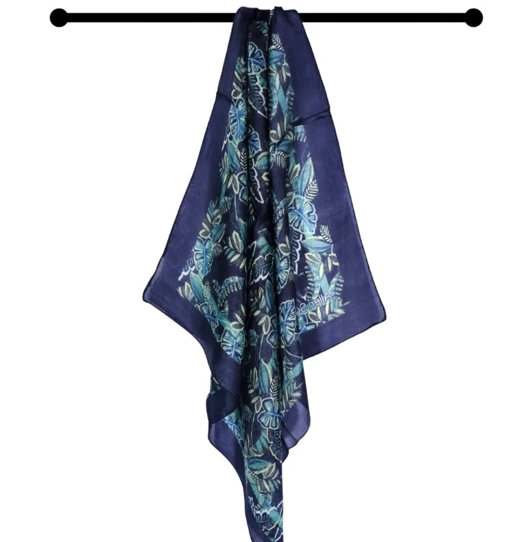 Silk neck scarf - Blue leaves