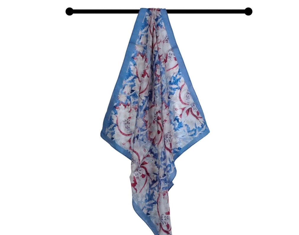 Silk neck scarf - Blue Japanese floral