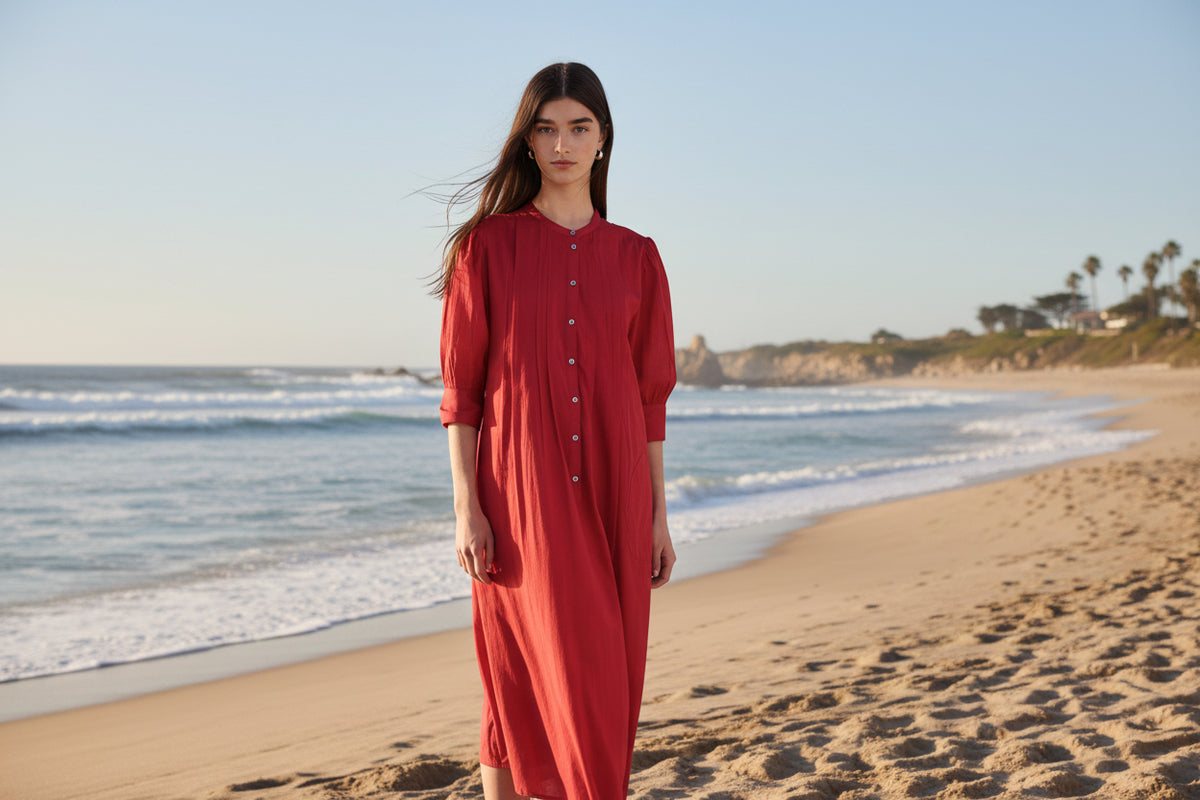 Yerse Barcelona Pleated Summer Midi Dress - Red
