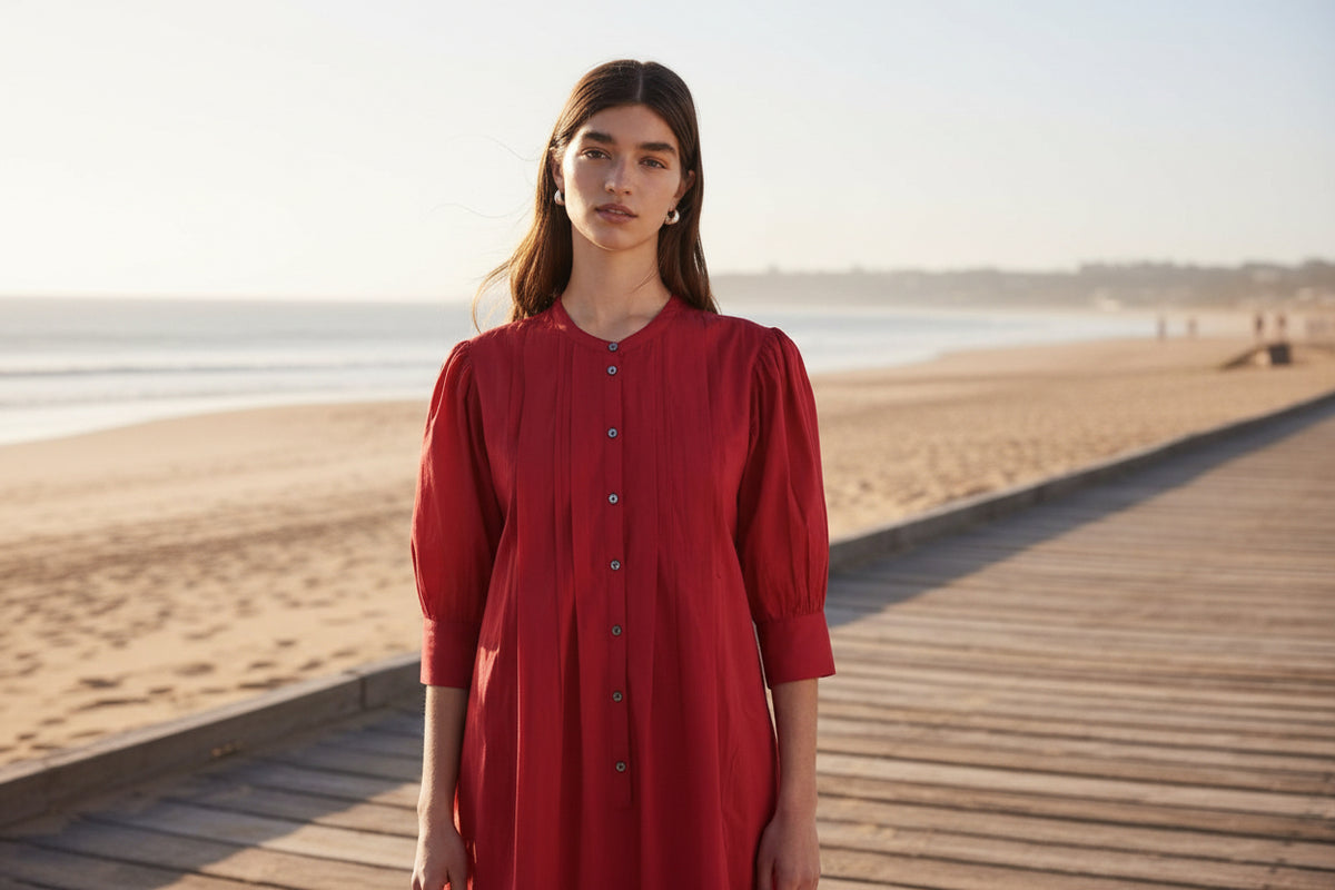 Yerse Barcelona Pleated Summer Midi Dress - Red