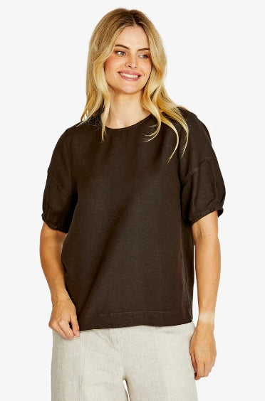 Layla Short Sleeve Button Back Top in Chocolate