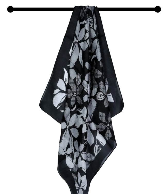 Floral Pure Silk Square Scarf - Black Floral