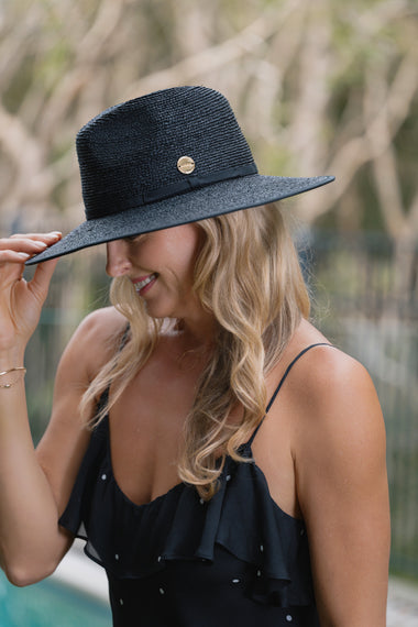 Becky Raffia braid black Panama with ribbon trim