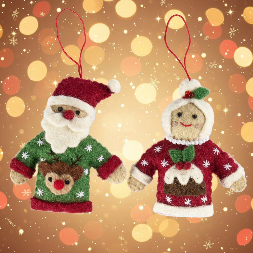 Pashom Mr and Mrs Claus in Christmas sweaters hanging decorations