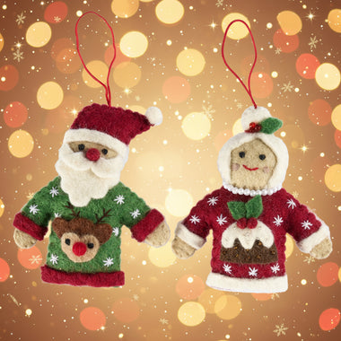 Pashom Mr and Mrs Claus in Christmas sweaters hanging decorations